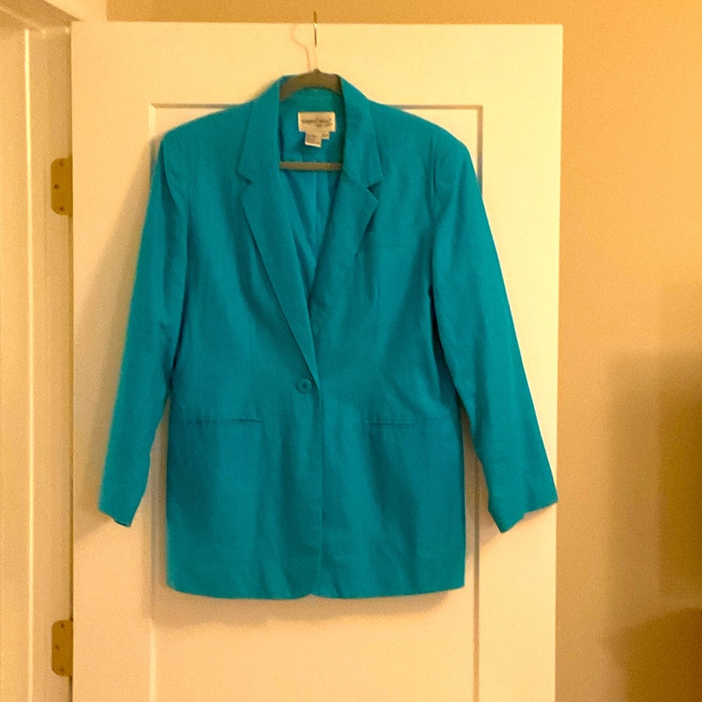 NEWPORT NEWS TEAL BLUE LINEN BLAZER SIZE-16P